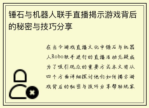 锤石与机器人联手直播揭示游戏背后的秘密与技巧分享