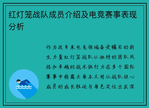 红灯笼战队成员介绍及电竞赛事表现分析